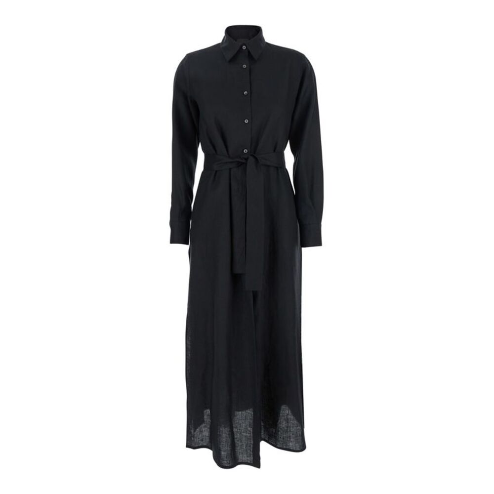 Plain Women Black Dress With Classic Collar And Adjustable Skirt In Linen Woman